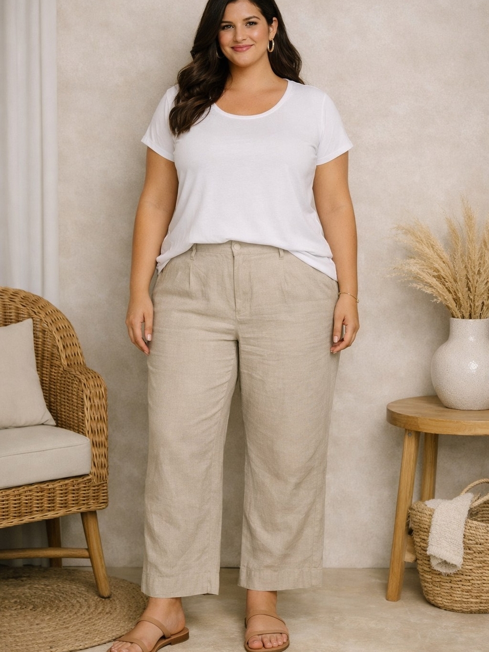 a new day Beige Wide Leg Linen-Blend Pants